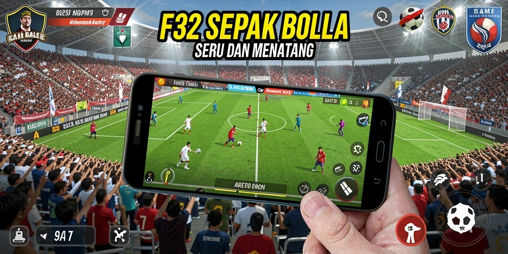 Tampilan gameplay F32 yang menarik saat pertandingan sepak bola berlangsung.