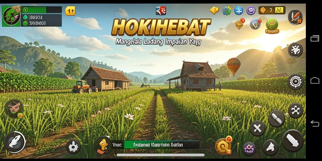 Tampilan permainan HOKIHEBAT yang menampilkan ladang hijau dan aktivitas bertani.