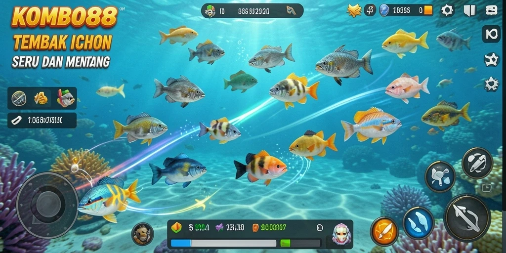 Screenshot utama KOMBO88 menampilkan aksi menembak ikan yang seru.