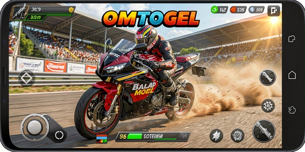 Tampilan seru gameplay OMTOGEL saat balapan motor.