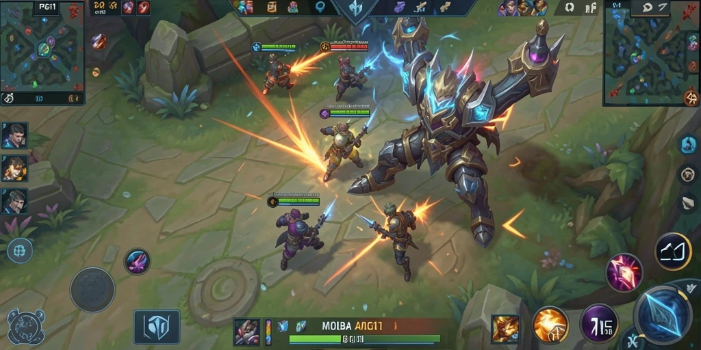 Tampilan gameplay MOBA yang epik dengan aksi memukau.