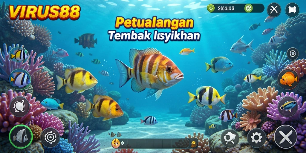 Tampilan gameplay penuh aksi dalam VIRUS88 menembak ikan.
